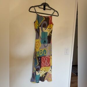 VTG Donna Gray Slip Dress 100% Silk Retro Abstract Multicolor Midi Size 2 EUC